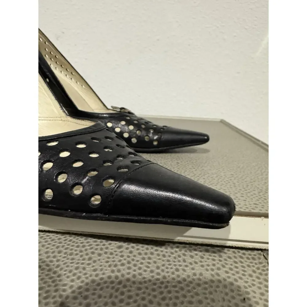 PRADA Y2K Pumps Heel Leather Black Point Toe Cutout Sz 37.5 / 7.5